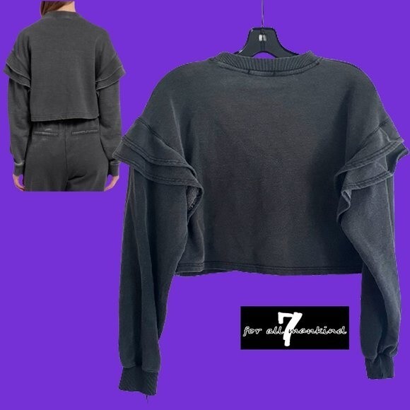 7 FOR ALL MANKIND NEW Skater Ruffled Drop Shoulders Crop Sweatshirt XS - Picture 9 of 11